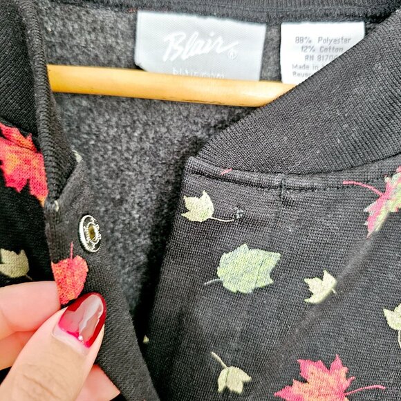 Vintage Blair Womens Leaf Print Snap Front Cardigan Jacket Size L Black ~SW97.16 - Picture 6 of 7